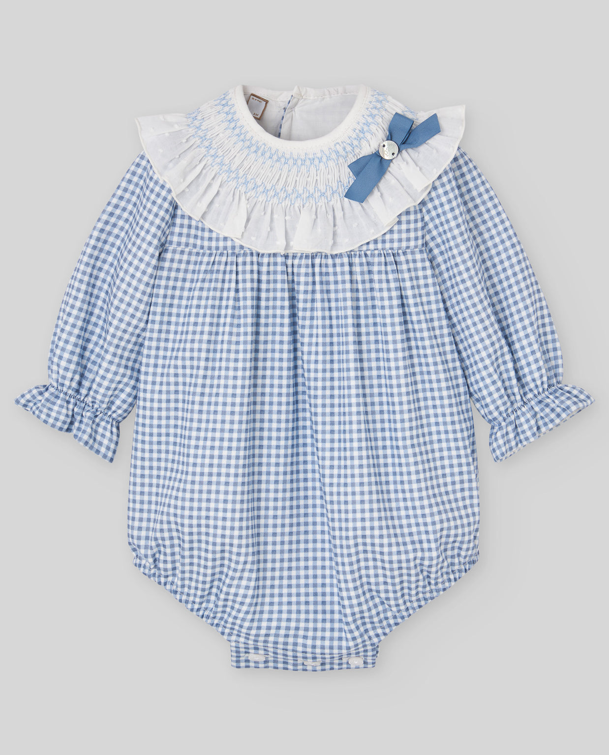 Gingham Baby Girl Bubble Romper with Hand-Smocked Collar