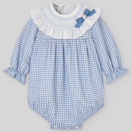 Gingham Baby Girl Bubble Romper with Hand-Smocked Collar