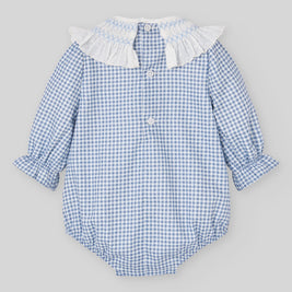 Gingham Baby Girl Bubble Romper with Hand-Smocked Collar