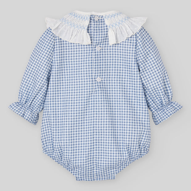 Gingham Baby Girl Bubble Romper with Hand-Smocked Collar