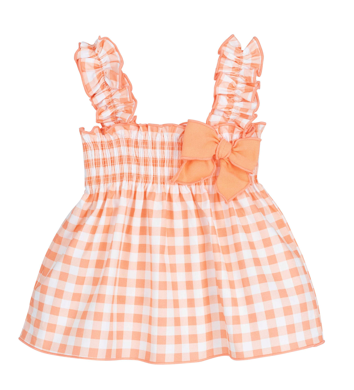 Baby Girl Gingham Summer Dress - Peach with ruffle straps and bow