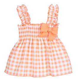 Baby Girl Gingham Summer Dress - Peach with ruffle straps and bow