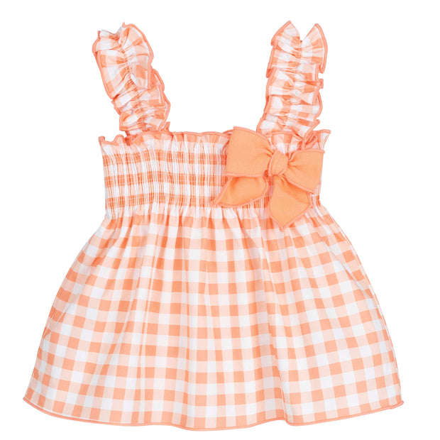 Baby Girl Gingham Summer Dress - Peach with ruffle straps and bow