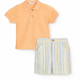Boys Classic Peach Polo & Striped Shorts Set | Elegant Toddler Summer Outfit