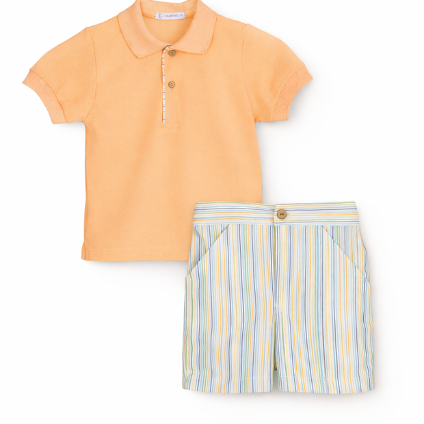 Boys Classic Peach Polo & Striped Shorts Set | Elegant Toddler Summer Outfit
