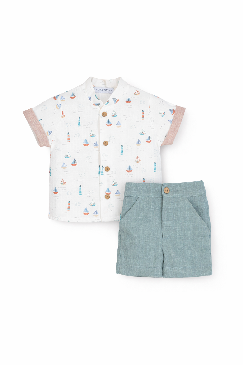 Baby Boy Sailboat Print Shirt & Linen Shorts Set