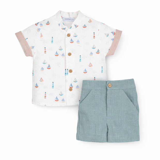 Baby Boy Sailboat Print Shirt & Linen Shorts Set