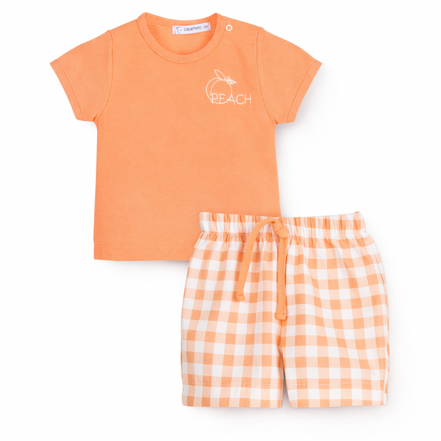 Boys Peach Cotton T-Shirt & Gingham Shorts Set | Classic Baby Summer Outfit