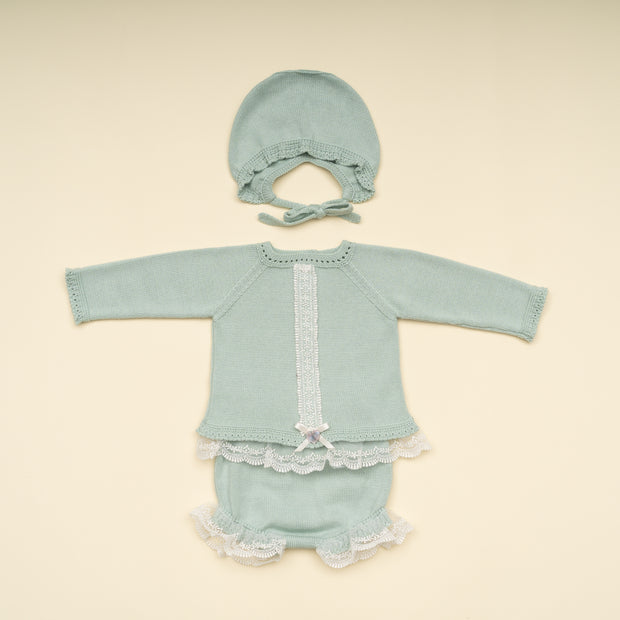 Elegant Baby Girl Knit Outfit with Lace Trim – 3-Piece Set