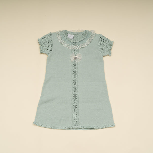 Knit Baby Girl Dress with Lace Collar – Classic Baptism & Special Occasion Dress