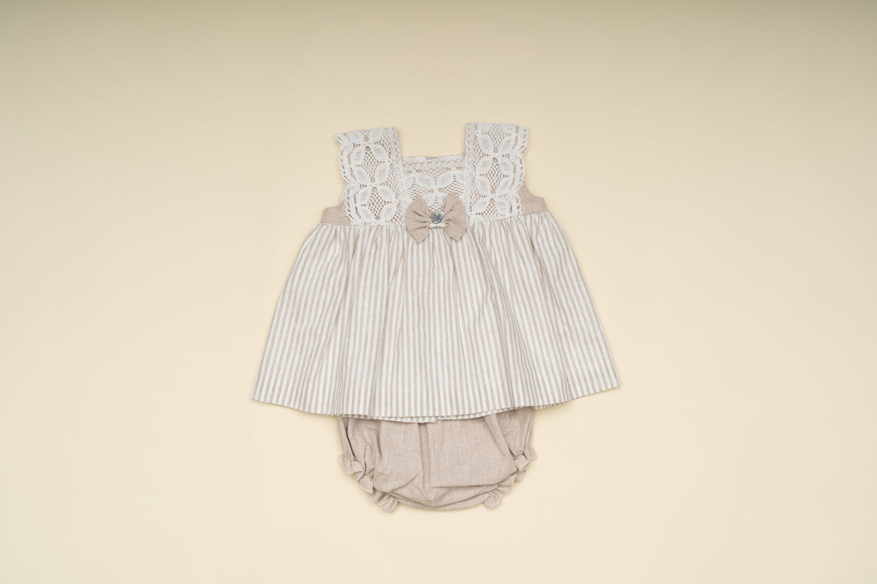 Stylish Baby Girl Dress and Bloomer Set with Lace Bodice – Classic Neutral Special Occasion Outfit
