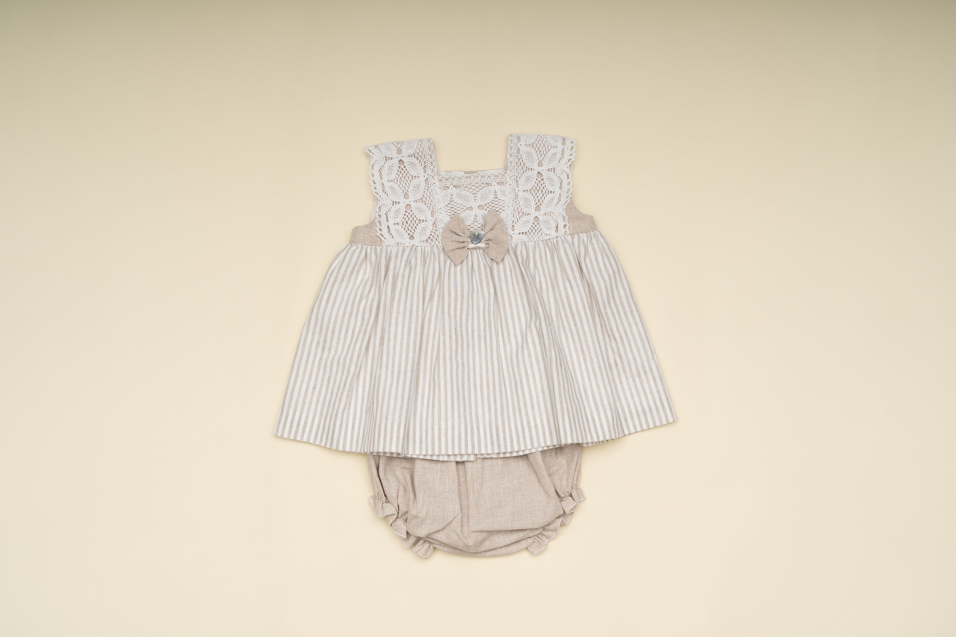 Stylish Baby Girl Dress and Bloomer Set with Lace Bodice – Classic Neutral Special Occasion Outfit