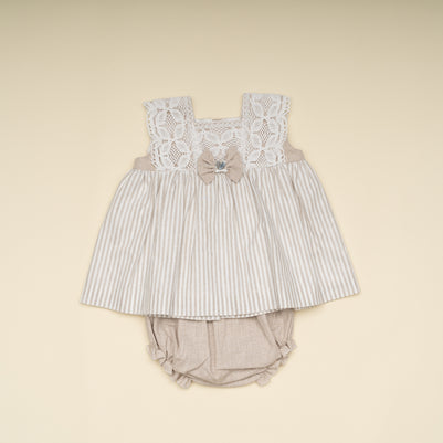 Stylish Baby Girl Dress and Bloomer Set with Lace Bodice – Classic Neutral Special Occasion Outfit