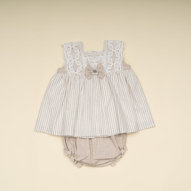 Stylish Baby Girl Dress and Bloomer Set with Lace Bodice – Classic Neutral Special Occasion Outfit