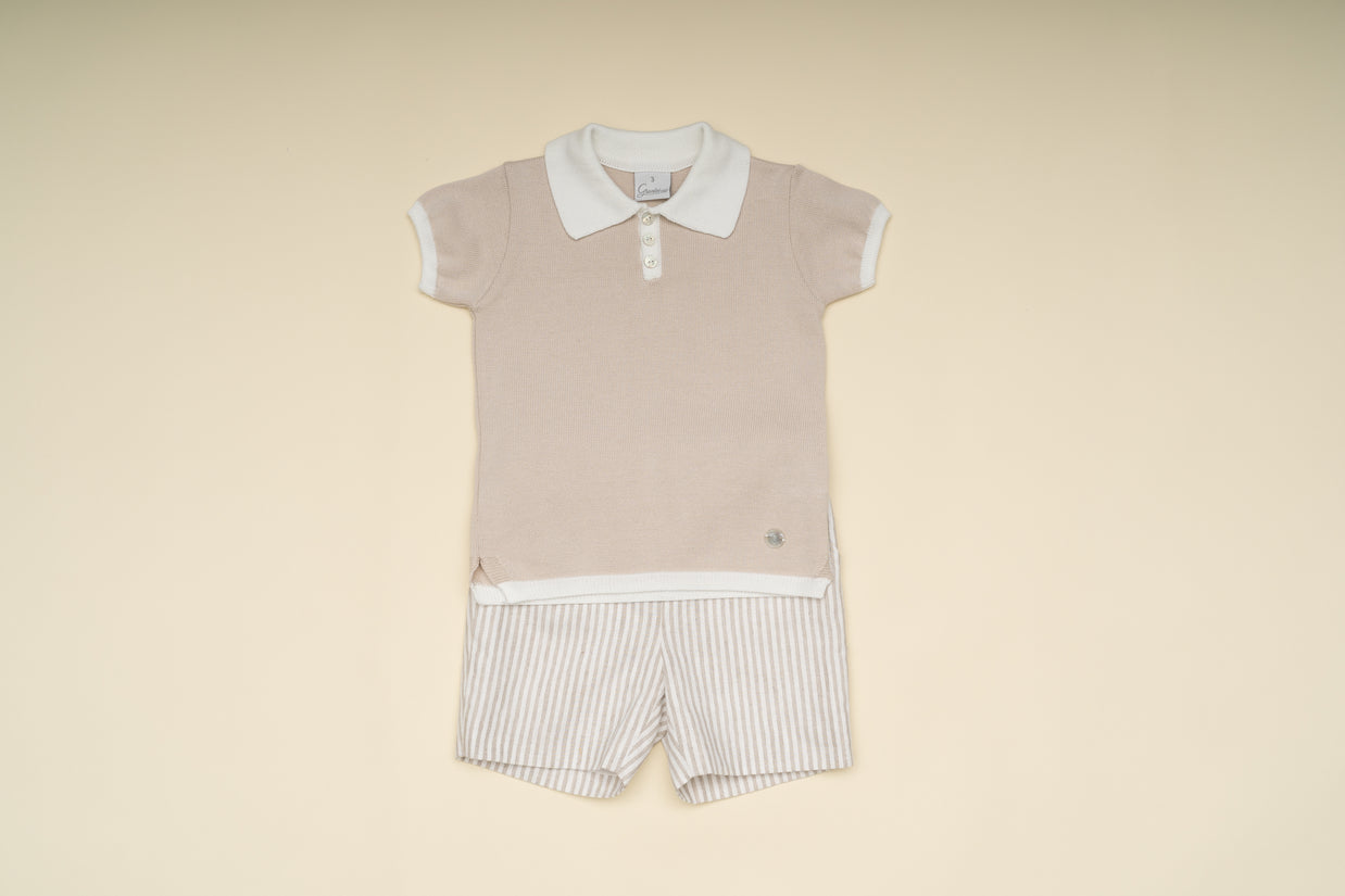 Boy Beige Knit Shorts Set with Striped Shorts – Classic Summer Special Occasion Outfit