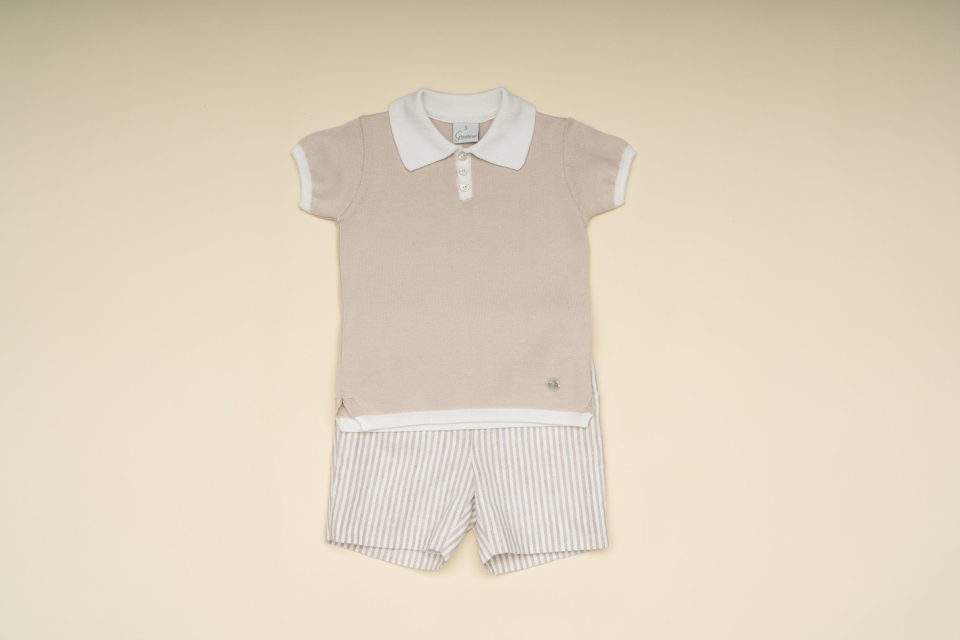 Boy Beige Knit Shorts Set with Striped Shorts – Classic Summer Special Occasion Outfit