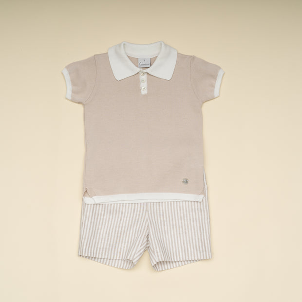 Boy Beige Knit Shorts Set with Striped Shorts – Classic Summer Special Occasion Outfit