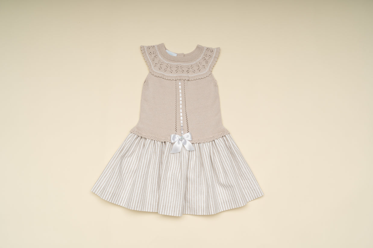 Stylish Beige Girl Dress with Knit Bodice and Striped Skirt – Classic Special Occasion Dress