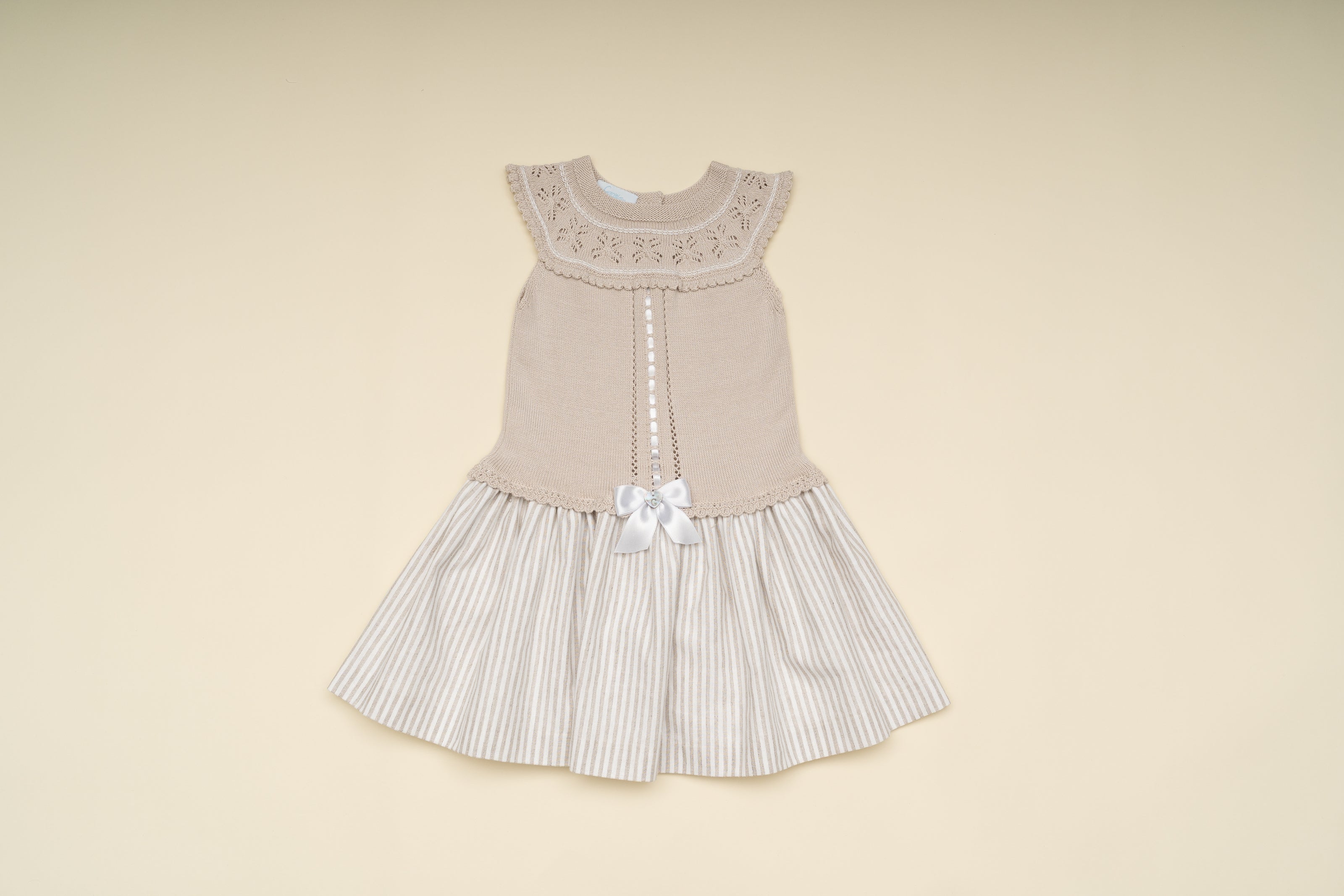 Stylish Beige Girl Dress with Knit Bodice and Striped Skirt – Classic Special Occasion Dress