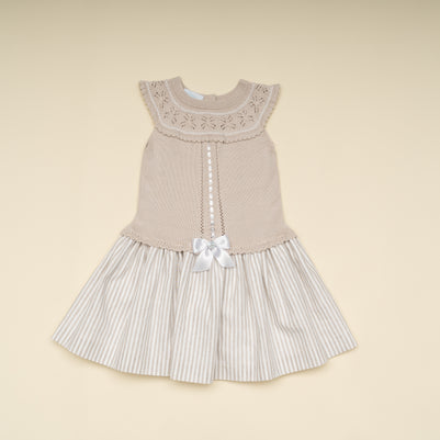 Stylish Beige Girl Dress with Knit Bodice and Striped Skirt – Classic Special Occasion Dress