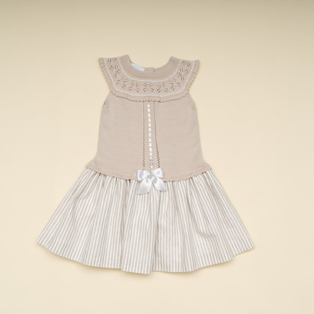 Stylish Beige Girl Dress with Knit Bodice and Striped Skirt – Classic Special Occasion Dress