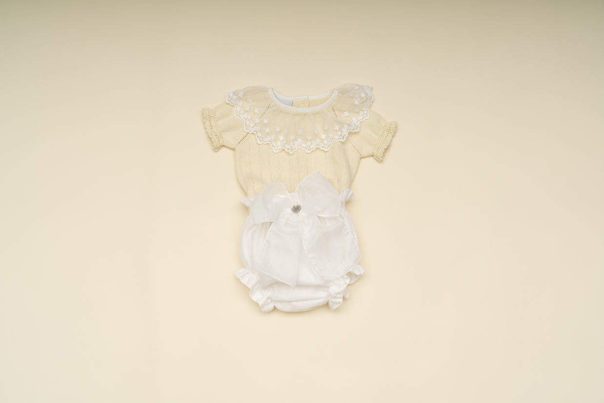 Elegant Baby Girl Yellow Knit Top with Lace Collar and White Bottom with Tulle Bow – Stylish Special Occasion Outfit