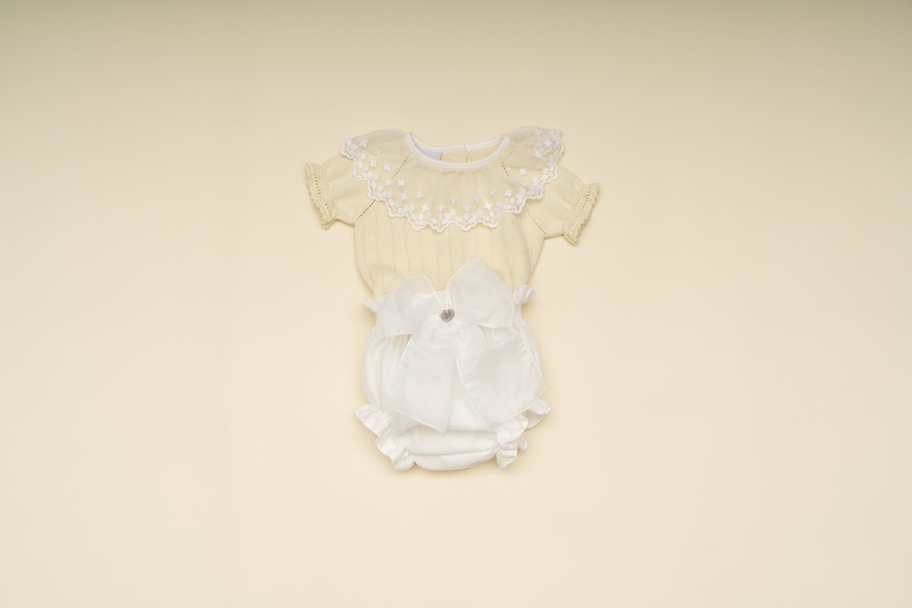 Elegant Baby Girl Yellow Knit Top with Lace Collar and White Bottom with Tulle Bow – Stylish Special Occasion Outfit