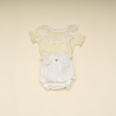Elegant Baby Girl Yellow Knit Top with Lace Collar and White Bottom with Tulle Bow – Stylish Special Occasion Outfit