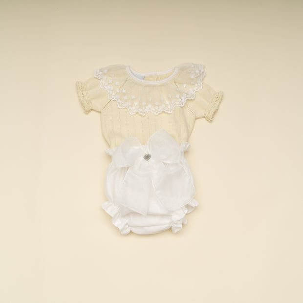Elegant Baby Girl Yellow Knit Top with Lace Collar and White Bottom with Tulle Bow – Stylish Special Occasion Outfit