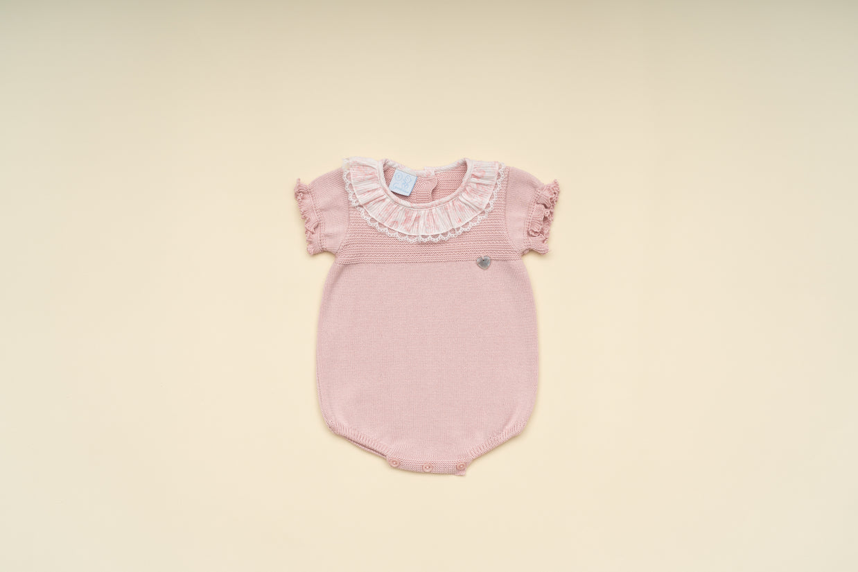 Delicate Baby Girl Pink Knit Romper with Lace Collar