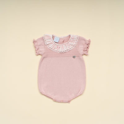 Delicate Baby Girl Pink Knit Romper with Lace Collar