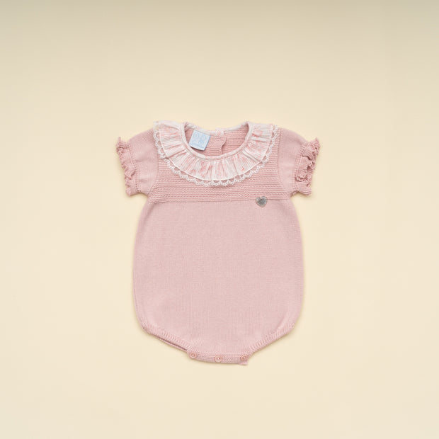 Delicate Baby Girl Pink Knit Romper with Lace Collar