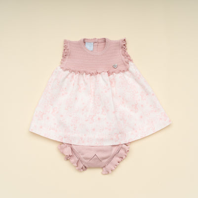 Elegant Baby Girl Pink Dress and Bloomer Set – Classic Knit & Floral Boutique Outfit