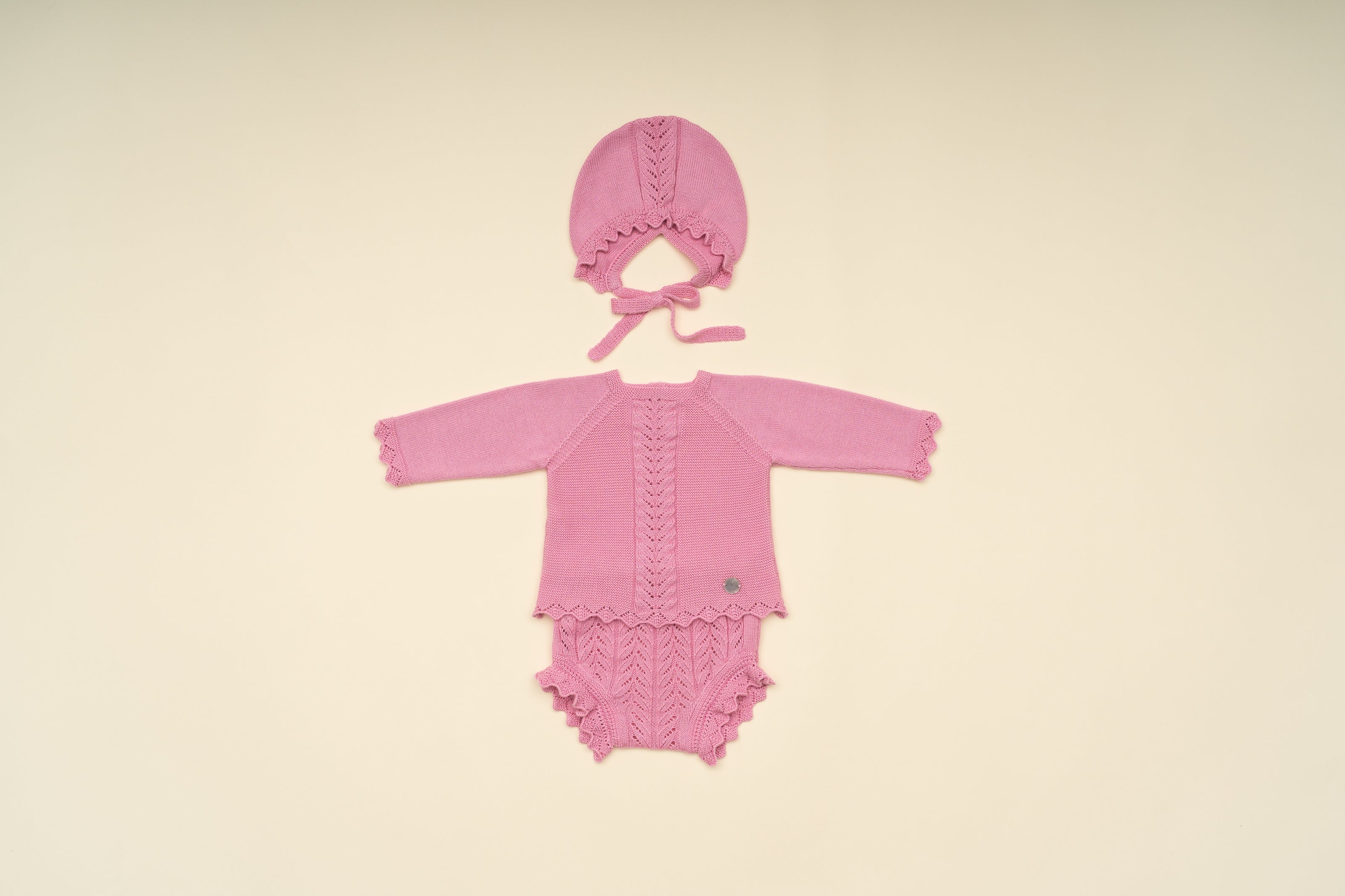 Baby Girl Pink Knit Sweater, Bloomer, and Bonnet Set – Classic Infant Outfit