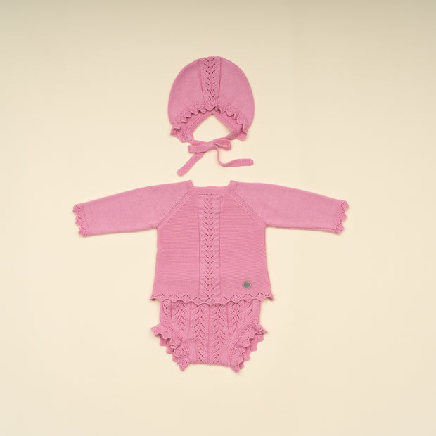 Baby Girl Pink Knit Sweater, Bloomer, and Bonnet Set – Classic Infant Outfit
