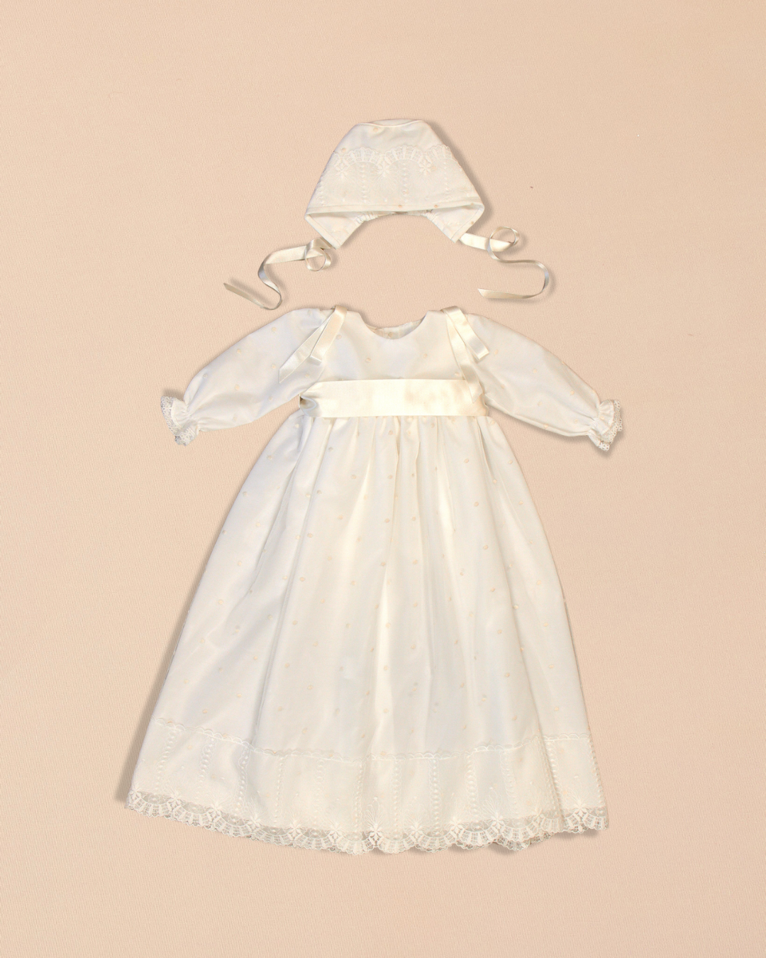 Leonor 2 Piece Baptismal Gown - Satin Ribbon, Lace Trim, Bonnet