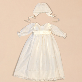 Leonor 2 Piece Baptismal Gown - Satin Ribbon, Lace Trim, Bonnet