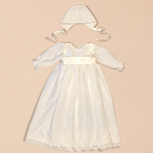 Leonor 2 Piece Baptismal Gown - Satin Ribbon, Lace Trim, Bonnet