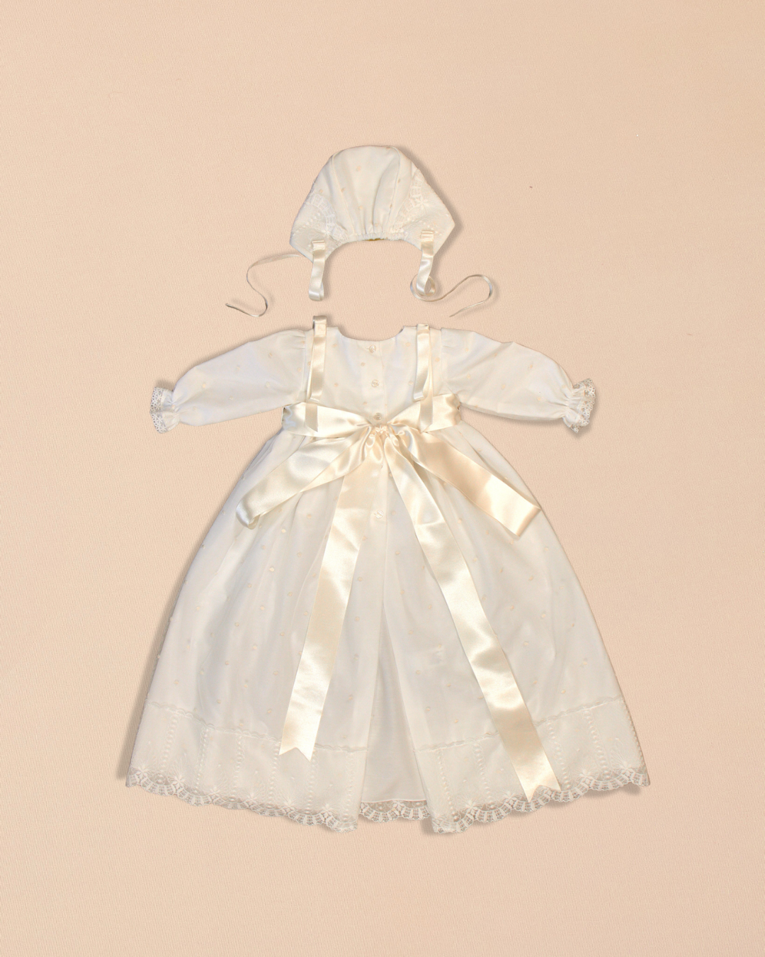 Leonor 2 Piece Baptismal Gown - Satin Ribbon, Lace Trim, Bonnet