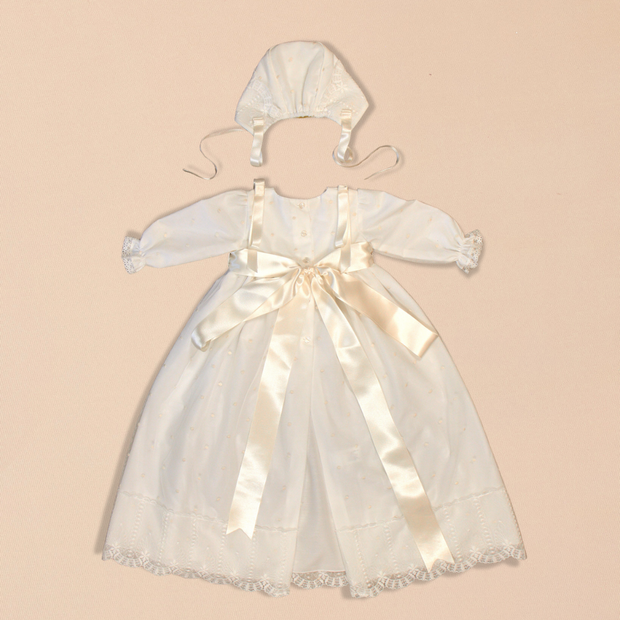 Leonor 2 Piece Baptismal Gown - Satin Ribbon, Lace Trim, Bonnet