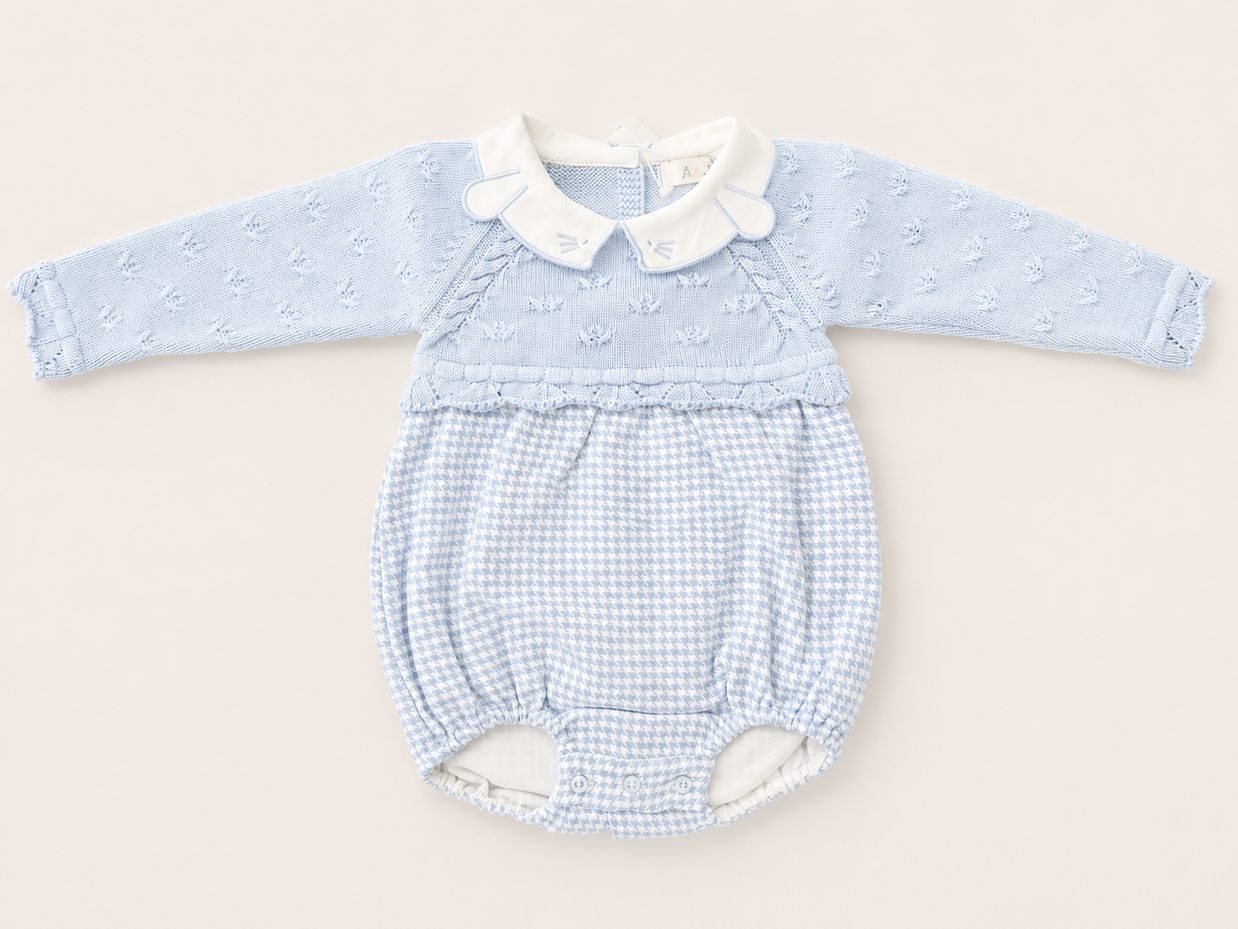 Baby Knit Bubble Romper with Embroidered Peter Pan Collar
