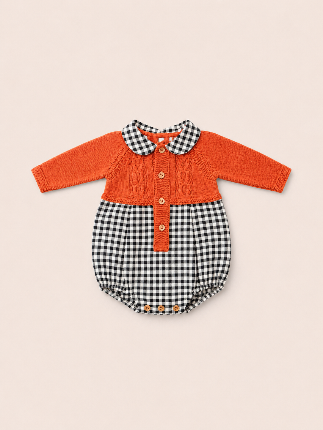 Rust Knit Baby Bubble with Gingham Detail