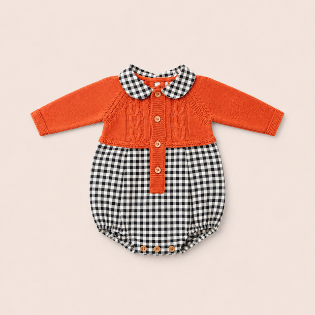 Rust Knit Baby Bubble with Gingham Detail