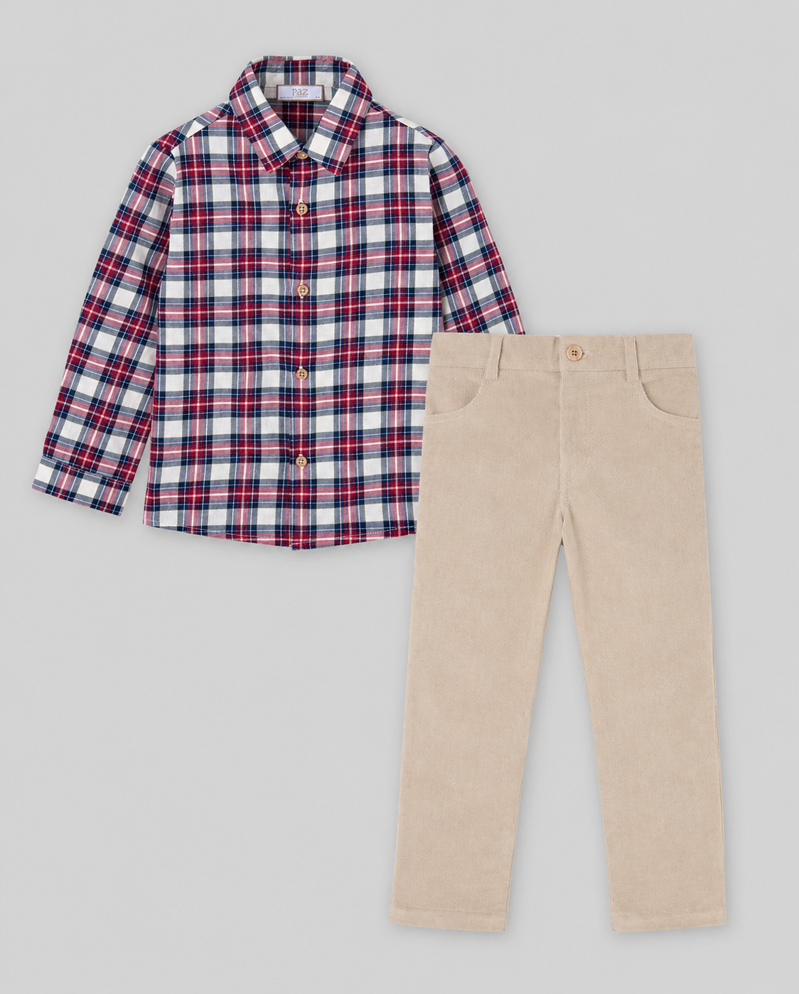 Boys Holiday Plaid Shirt & Beige Corduroy Pants Set