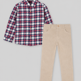 Boys Holiday Plaid Shirt & Beige Corduroy Pants Set