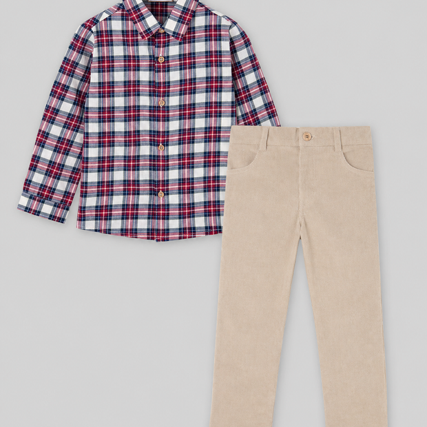 Boys Holiday Plaid Shirt & Beige Corduroy Pants Set