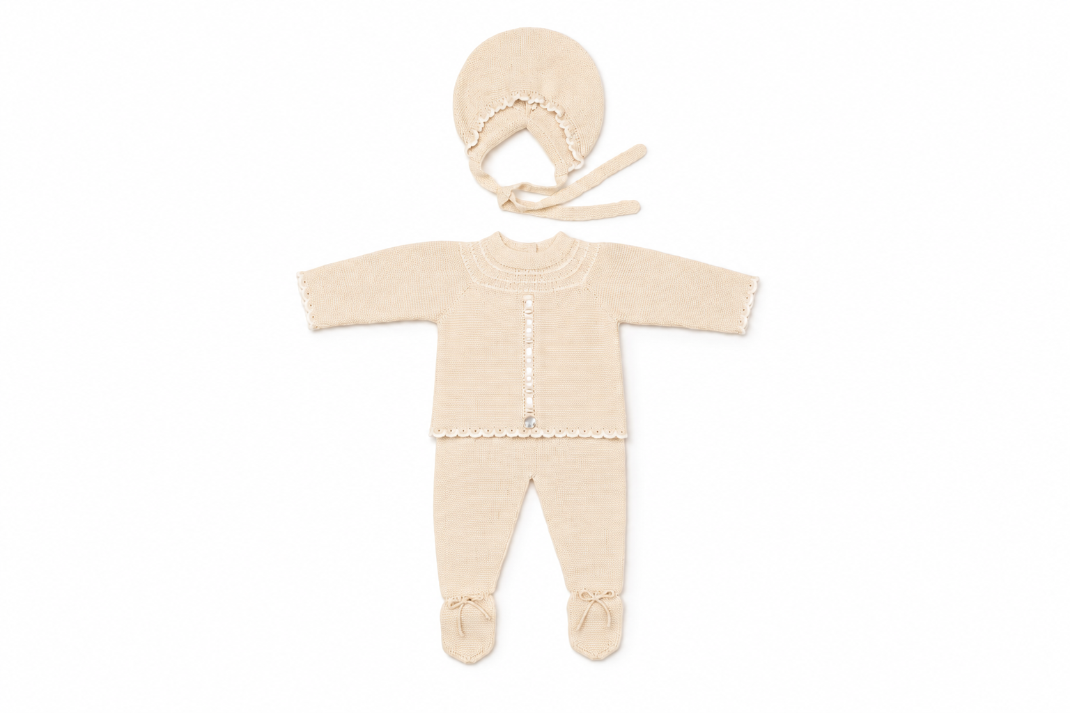 Cream Knit Baby Layette Set with Bonnet