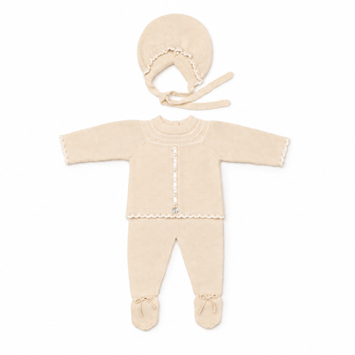 Cream Knit Baby Layette Set with Bonnet