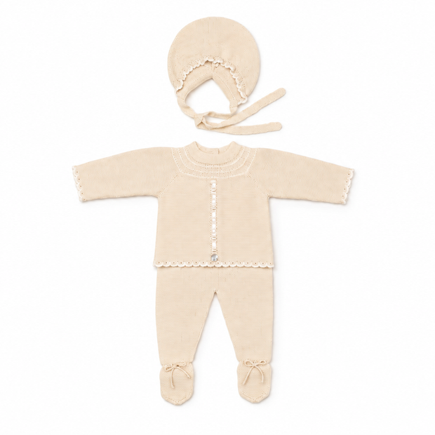 Cream Knit Baby Layette Set with Bonnet