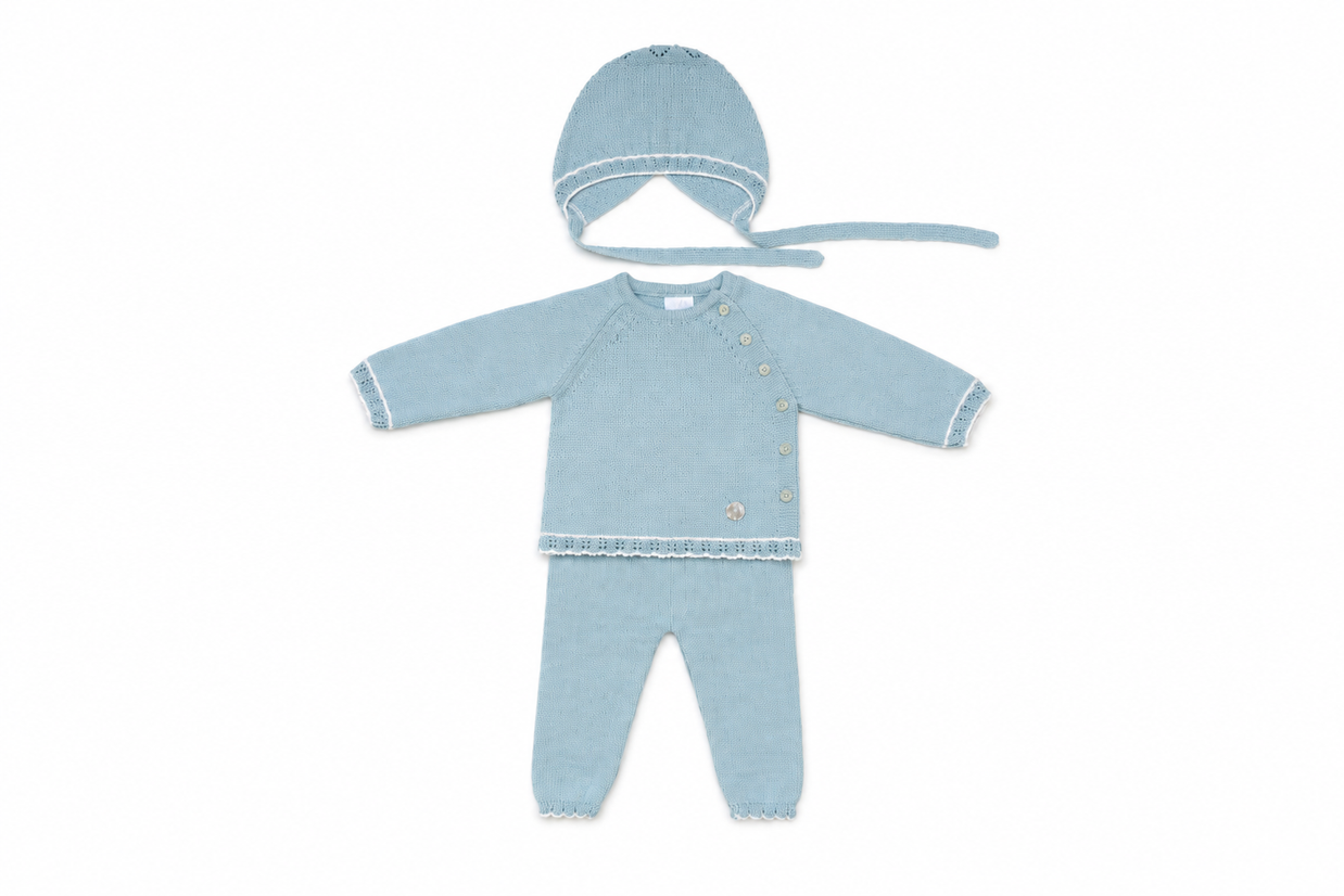 Baby Blue Knit Layette Set with Bonnet
